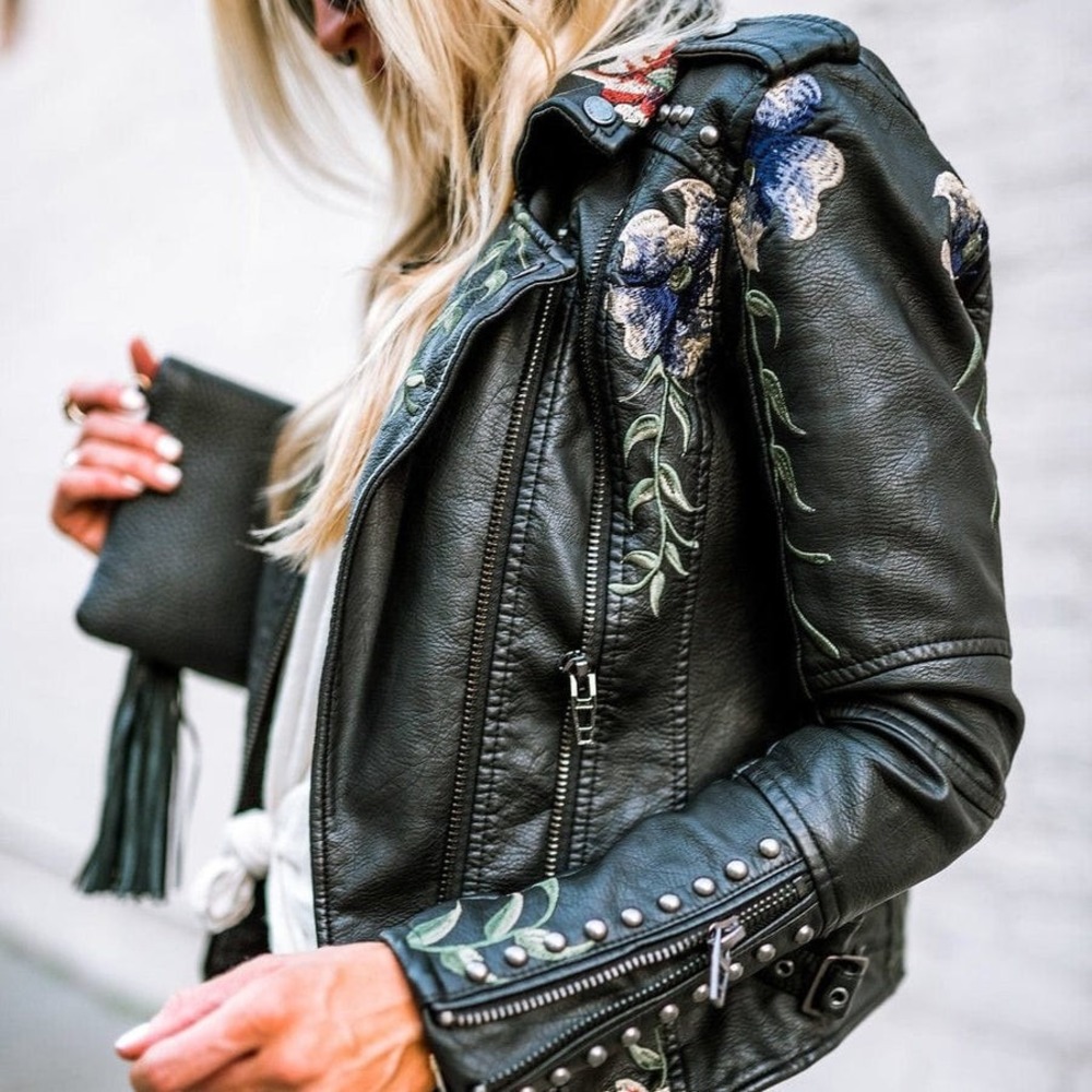 Embroidered Floral Faux Leather Moto Jacket Black Studded